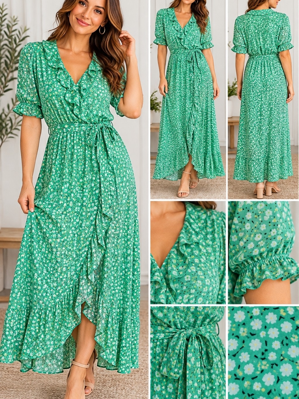 Old Navy Green Floral Ruffle Midi Wrap Dress - Picture 6 of 6